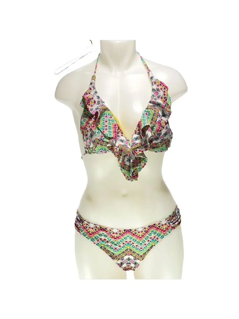 Jessica Simpson Ruffle Halter Bikini Set With Chevron & Floral Print XL